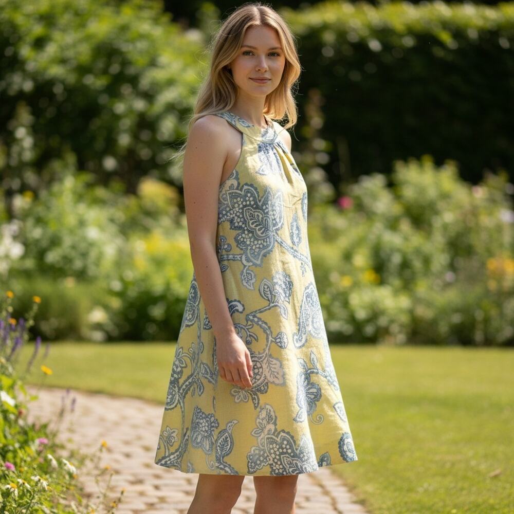 J. McLaughlin Linen Yellow Blue Leaf Motif Summer Halter Midi Dress, Size 8